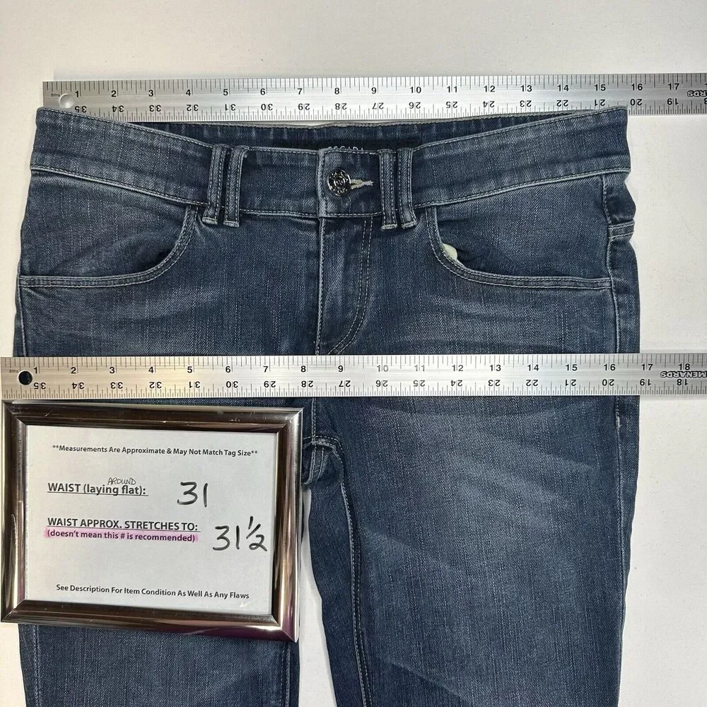 Escada Sport Selvedge Jeans Womens 6 EUR36 Skinny Blue Denim Tie Flaps Distress
